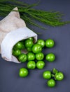 side view of sour green plums scattered from a sack with fennel on black background Royalty Free Stock Photo