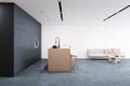 Side view of spacious empty kitchen interior with concrete floor and white walls. 3D Rendering Royalty Free Stock Photo