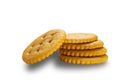 Side view stack of crunchy salted round crackers isolated on white background Royalty Free Stock Photo