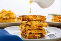 Side view of a stack of pan-fried hash browns