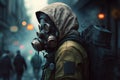 Side view of stalker man wearing gas mask, hooded jacket and backpack standing in the city. Generative AI Royalty Free Stock Photo