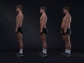 3D Rendering : side view of standing male body type : ectomorph skinny type, mesomorph muscular type, endomorphheavy weight Royalty Free Stock Photo