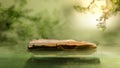 Side View of a Stone Display Stand for Product. with Green Freshness Water Ripple and Tree Branch Shadow. Background for Cosmetic