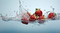 side view, strawberries falling into water, airbubbles and water drops are visible as the strawberries falls into water Royalty Free Stock Photo