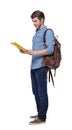 Side view of a student . The guy with the backpack and textbooks