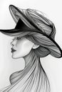 Side view of a stylized woman wearing a hat with flowing line patterns.
