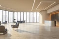 Side view on sunlit office reception area with stylish metallic desk, wooden floor, city view background from panoramic window and