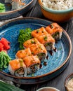 side view of sushi rolls with salmon eel avocado and cream cheese on a plate with ginger and wasabi Royalty Free Stock Photo