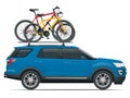 Side view suv car with two bicycles mounted on the roof rack. Flat style illustration isolated on white background. Royalty Free Stock Photo