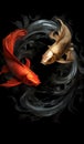 Side view Tai Chi Yin Yang fish, a red carp, and a black carp, oriental mysticism. Generative AI