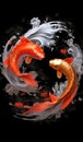 Side view Tai Chi Yin Yang fish, a red carp, and a black carp, oriental mysticism. Generative AI