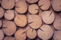 Side view of texture round timber decorate on wooden wall.