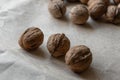 Side view. Three inshell walnuts opposite a handful of nuts. on old crumpled kraft paper, brown background, warm beige Royalty Free Stock Photo