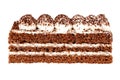 Side view of Tiramisu cake with three layers of chocolate biscuit and natural coffee syrup with cognac and Tiramisu cream.