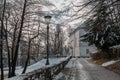 Side view of Tivoli castle or Podturn in Ljubljana, winter setting, early december, with some sunny backlight. Nobody around