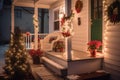 Side view to illuminated white front porch of country house decorated with Christmas decorations. Royalty Free Stock Photo