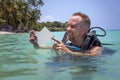 Panglao, Philippines - April 29, 2021: Scuba diver in confined water teaching, studying, evaluating skills