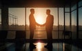 Side view of two silhouette businessmen shaking hands in the office. Concept of success company. Generative AI Royalty Free Stock Photo