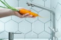 Side view of unrecognizable woman washing orange carrot with leaves under running water from brass faucet in kitchen. Royalty Free Stock Photo