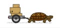 Side View Of A Vector Cute Land Turtle Carrying A Cart With Boxes. Cardboard Boxes With Marking. Slow Delivery. Isolated On A