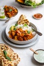 Side view of a vegetarian  vegan Indian Balti curry with cauliflower and pumpkin served with raita  naan bread and mango chutney Royalty Free Stock Photo