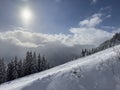 Side view of very steep ski slope at the winter sports resort of Reutte Royalty Free Stock Photo