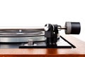 Side view of vintage turntable vinyl record player isolated on white Royalty Free Stock Photo