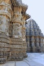 Side view of the wall relief, showcasing stellate in design and their towers follow the same pattern, at Chennakesava Temple Royalty Free Stock Photo