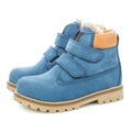 Side view of warm blue waterproof boots on a white background
