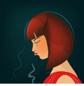 Sad young girl crying on a blue background. Side view of a crying woman expressing the emotion of grief. Loss of loved on