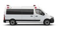 Side view of a white ambulance van with red lights on a white background Royalty Free Stock Photo