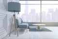 Side view of white living room interior with couch, lamp, coffee table, carpet and window with city view. Royalty Free Stock Photo