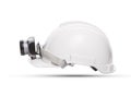 Side view of white mining safety helmet with light lamp isolated Royalty Free Stock Photo