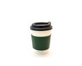 Side view white paper hot coffee cup with black lid, green corrugated hot cup sleeves jackets holder kraft isolated on white Royalty Free Stock Photo