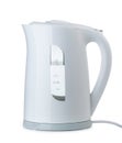 Side view of white plastic upright electric kettle