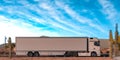 Side View Of White Semi Truck With Empty Space On Refrigerator Driving Along the Route Through Desert. 3d rendering