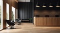 Side view on white reception table and black chairs in spacious light waiting area with wooden floor and wood decorated walls