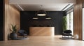 Side view on white reception table and black chairs in spacious light waiting area with wooden floor and wood decorated walls