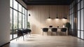 Side view on white reception table and black chairs in spacious light waiting area with wooden floor and wood decorated walls