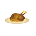 Side view of whole golden brown roasted turkey with crispy crust on a round dish, isolated on a white background