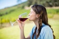 Side view of woman drinking red wine Royalty Free Stock Photo