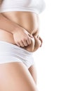 Side view of woman with fat belly. Obesity concept. Royalty Free Stock Photo