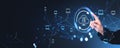 Woman finger touch cloud service hologram and files transfer, sync sign
