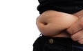 Side view of woman hand catching fat body belly paunch , diabetic risk factor Royalty Free Stock Photo