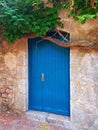 Side view of a wooden blue door in stone wall and vines growing above. Blue wooden front door. Old wooden door on stone facade Royalty Free Stock Photo