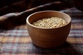 Rustic malted barley grains in wooden bowl