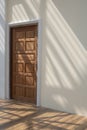 wooden door in mastic color cement wall with sunlight and shadow of roof structure on wood floor tiles surface Royalty Free Stock Photo