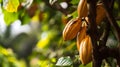 side view of yellow cocoa fruit hangin on the globe holder. Ai Generative