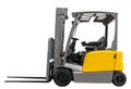 Side view yellow electric forklift isolated on white background with clipping path