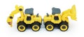 side view of yellow plastic toy of tractor drill and bulldozer or loader isolated on white background. Royalty Free Stock Photo